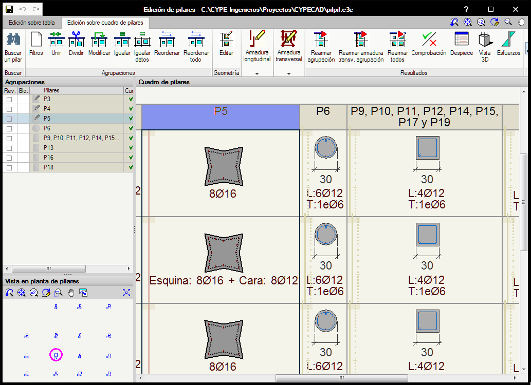 CYPECAD. Pilares de hormigón de sección genérica. Cuadro de pilares